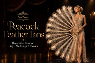 Peacock feather fans with natural eye-pattern details for stage, weddings, and events