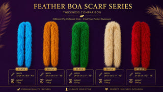 Ostrich feather boa fullness comparison showing 12 ply, 20 ply, 25 ply, 30 ply, and 40 ply thickness levels