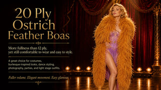 20 ply ostrich feather boas for costumes, burlesque styling, parties, photography, dance looks, and light stage outfits