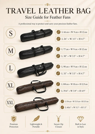 Travel leather bag size guide for feather fans in S M L XL and XXL sizes
