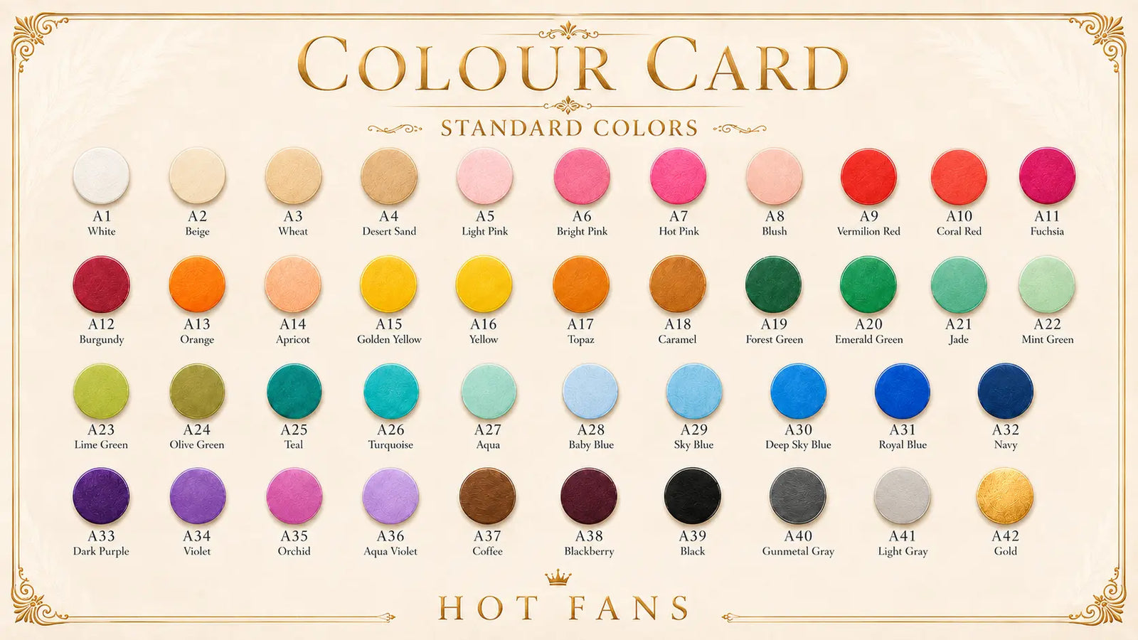 Hot Fans metal aluminum fan staves 42 standard color options chart for DIY feather fan making