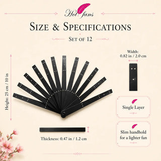 Size guide for single layer aluminum fan staves set of 12 showing 25 cm height, 2.0 cm width, 1.2 cm thickness, and slim handhold design