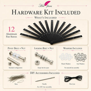 Hardware kit included with single layer aluminum fan staves set of 12 featuring pivot bolt, locking bolt, washers, wire, needle, and wax line