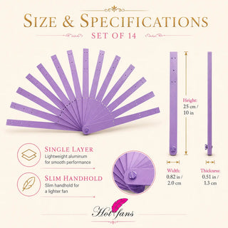 Size guide for single layer aluminum fan staves set of 14 showing 25 cm height, 2.0 cm width, 1.3 cm thickness, and slim handhold design