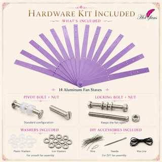 Hardware kit included with single layer aluminum fan staves set of 14 featuring pivot bolt, locking bolt, washers, wire, needle, and wax line