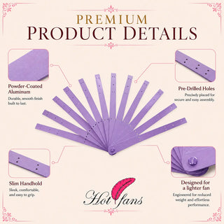 Close-up details of lavender powder-coated aluminum fan staves showing pre-drilled holes, slim handhold, and lightweight single layer construction