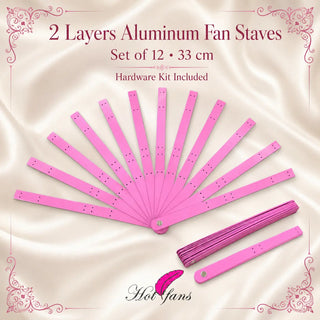 2 Layers Aluminum Fan Staves Set of 12 in pink, 33 cm powder-coated aluminum fan staves for DIY feather fan making