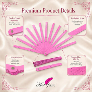Premium product details of pink 2 layers aluminum fan staves showing powder-coated aluminum, pre-drilled holes, and fuller fan structure