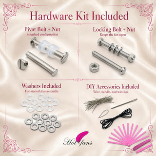 Hardware kit included with 2 layers aluminum fan staves, including pivot bolt, locking bolt, washers, wire, needle, and wax line