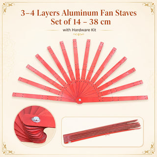 Red 3–4 layers aluminum fan staves set of 14, 38 cm, fully opened to approximately 180 degrees with slim handhold for DIY feather fan making