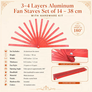 Specifications chart for red 3–4 layers aluminum fan staves set of 14, 15 inches tall, 0.85 inches wide, 0.51 inches thick, hardware kit included