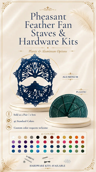 Pheasant feather fan staves and hardware kits in plastic and aluminum styles, sold as a pair with 2 sets, available in 42 standard colors and custom colors