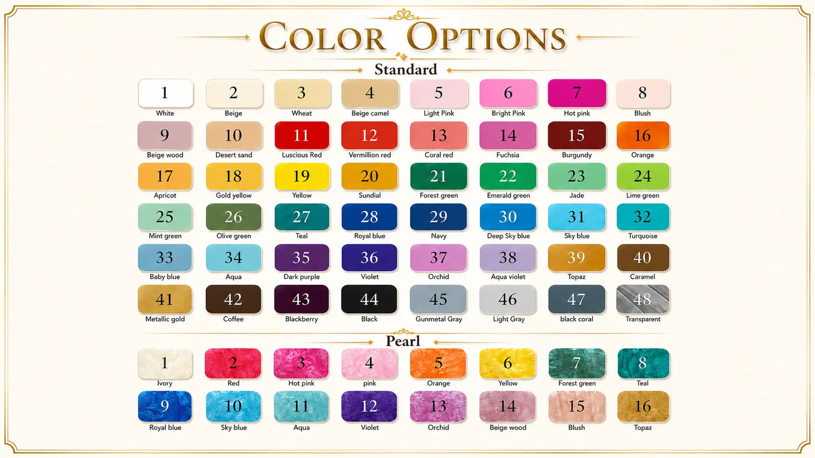 Acrylic PMMA ostrich feather fan staves color chart with standard and pearl color options