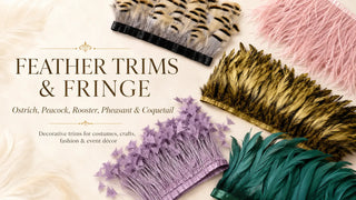 Feather trims and fringe collection image featuring ostrich, peacock, rooster, pheasant, and coquetail feather trims for costumes, crafts, fashion, and event decor