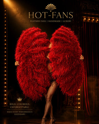 Luxury oversized red feather fans for burlesque, cabaret and showgirl performance by HOT-FANS