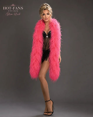 Lightweight 12 Ply coral pink ostrich feather boa worn by a model for burlesque, cabaret and stage styling by HOT-FANS.