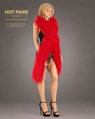 Lightweight 12 Ply red ostrich feather boa draped around a model for cabaret, burlesque and performance styling by HOT-FANS.