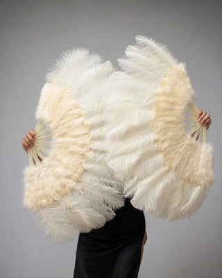 Oversized beige ostrich feather fans with full layered plumes, displayed in a clean studio setting by HOT-FANS.