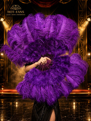 Oversized purple ostrich feather fans displayed by a showgirl on a luxury black-and-gold Art Deco stage by HOT-FANS.