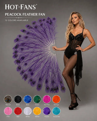 HOT-FANS peacock feather fan in purple with 12 available color options displayed in a gray studio setting.