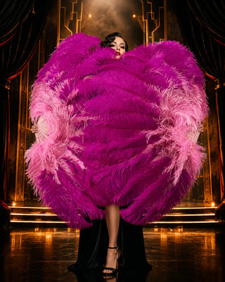 Layered mix color 3 layers ostrich feather fan, 34" x 65", for professional stage performance.