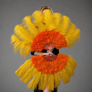 Yellow and orange feather fan for burlesque and stage performance.
