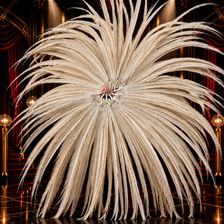 Pair of Grand Performance Huge Bleached Pheasant Tail Feather Fans held by a cabaret performer