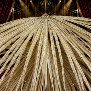 Grand Performance Huge Pheasant Tail Feather Fan with decorative staves and dramatic stage scale