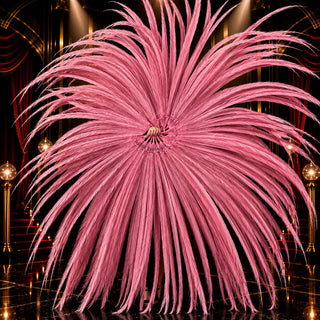 Pink Pheasant Tail Feather Performance Fan on an Art Deco cabaret stage