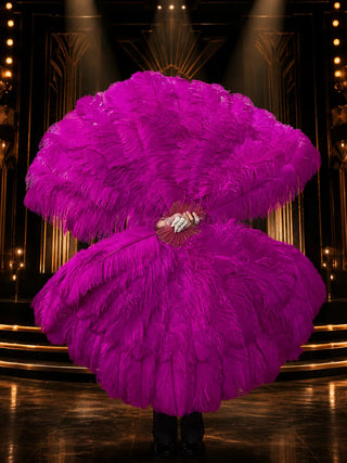 Oversized magenta ostrich feather fans on a luxury HOT-FANS Art Deco stage.