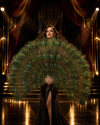 Adult showgirl displaying a matching pair of oversized peacock feather fans on a luxury black and gold cabaret stage