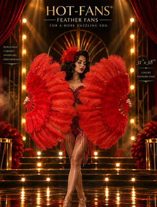 Pair of HOT-FANS red 31 x 38 inch feather fans held by a burlesque showgirl on a black and gold Art Deco cabaret stage.