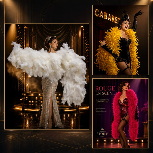 Three luxury feather boa styles: Coque Schlappen, 20-ply ostrich and extra-full whole ostrich boa