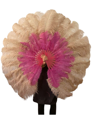 beige camel / fuchsia 2 layers Ostrich Feather Fan 180 degree Full Open 30"X 60"