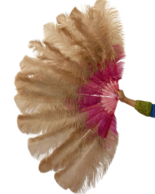 beige camel / fuchsia 2 layers Ostrich Feather Fan 180 degree Full Open 30"X 60"