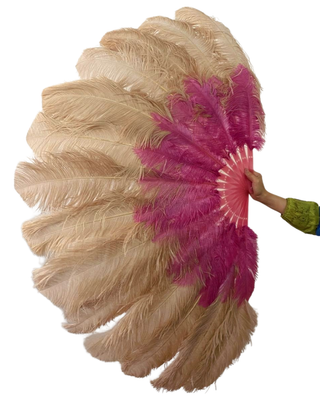 beige camel / fuchsia 2 layers Ostrich Feather Fan 180 degree Full Open 30"X 60"