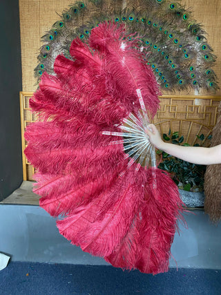 Burgundy single layer Ostrich Feather Fan Full open 180 degree 25"x 50"