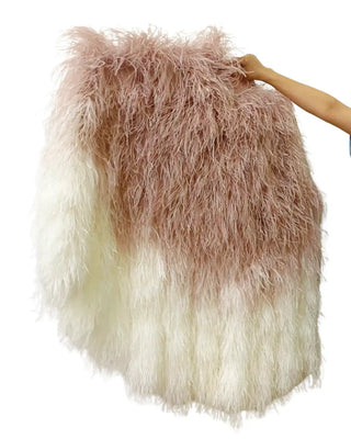 Oferta especial Abanico tipo cascada de madera beige degradado/blanco, boa de plumas de avestruz de 8 capas