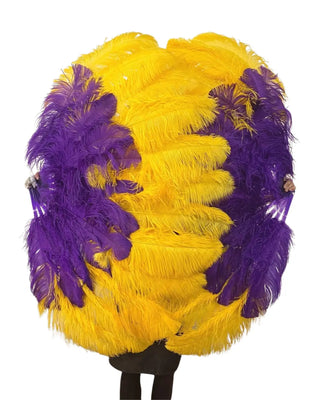 Special Offer A pair of MIX violet & gold yellow XL 2 Layer Ostrich Feather Fan 34''x 60''
