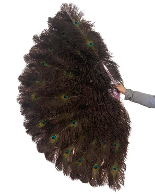 Triple layer ostrich feather fan with peacock eyes on inner side