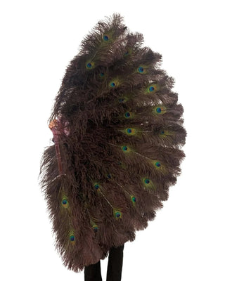 Black Coffee Triple Layers Ostrich Feather Fan 35"x 63" with Peacock Eyes