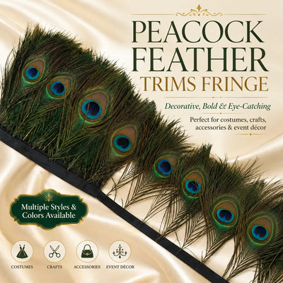 Peacock feather trims fringe with bold eye patterns for costumes, crafts, and event styling
