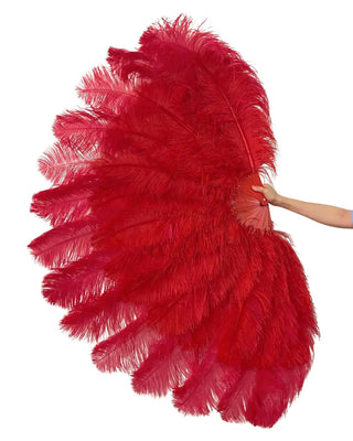 Rouge foncé &  Éventail en plumes d'autruche triple couche rouge vif, ouverture totale à 180°, 35" x 70" pour la danse burlesque