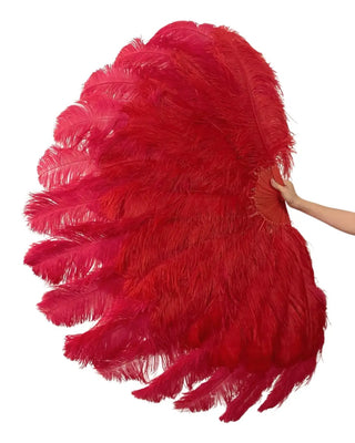 Rouge foncé &  Éventail en plumes d'autruche triple couche rouge vif, ouverture totale à 180°, 35" x 70" pour la danse burlesque