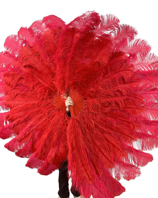 Rouge foncé &  Éventail en plumes d'autruche triple couche rouge vif, ouverture totale à 180°, 35" x 70" pour la danse burlesque