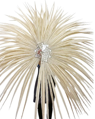 Luxury tall beigepheasant feather fan – full open view