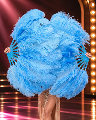 SKY blue ostrich feather fan pair with blue staves in HOT-FANS stage background