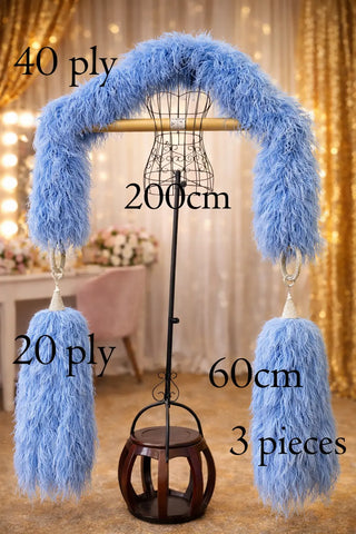Ostrich feather boa modular system showing upper boa and detachable lower boa exchangers with crystal connectors