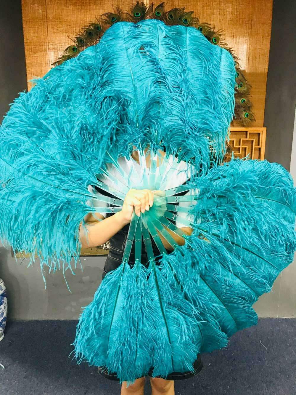 A pair teal Single Single layer Feather fan 24