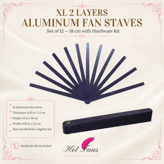 Product specifications for XL 2 layers aluminum fan staves set of 12, 38 cm height, 0.85 inch width, 0.47 inch thickness, with hardware kit included